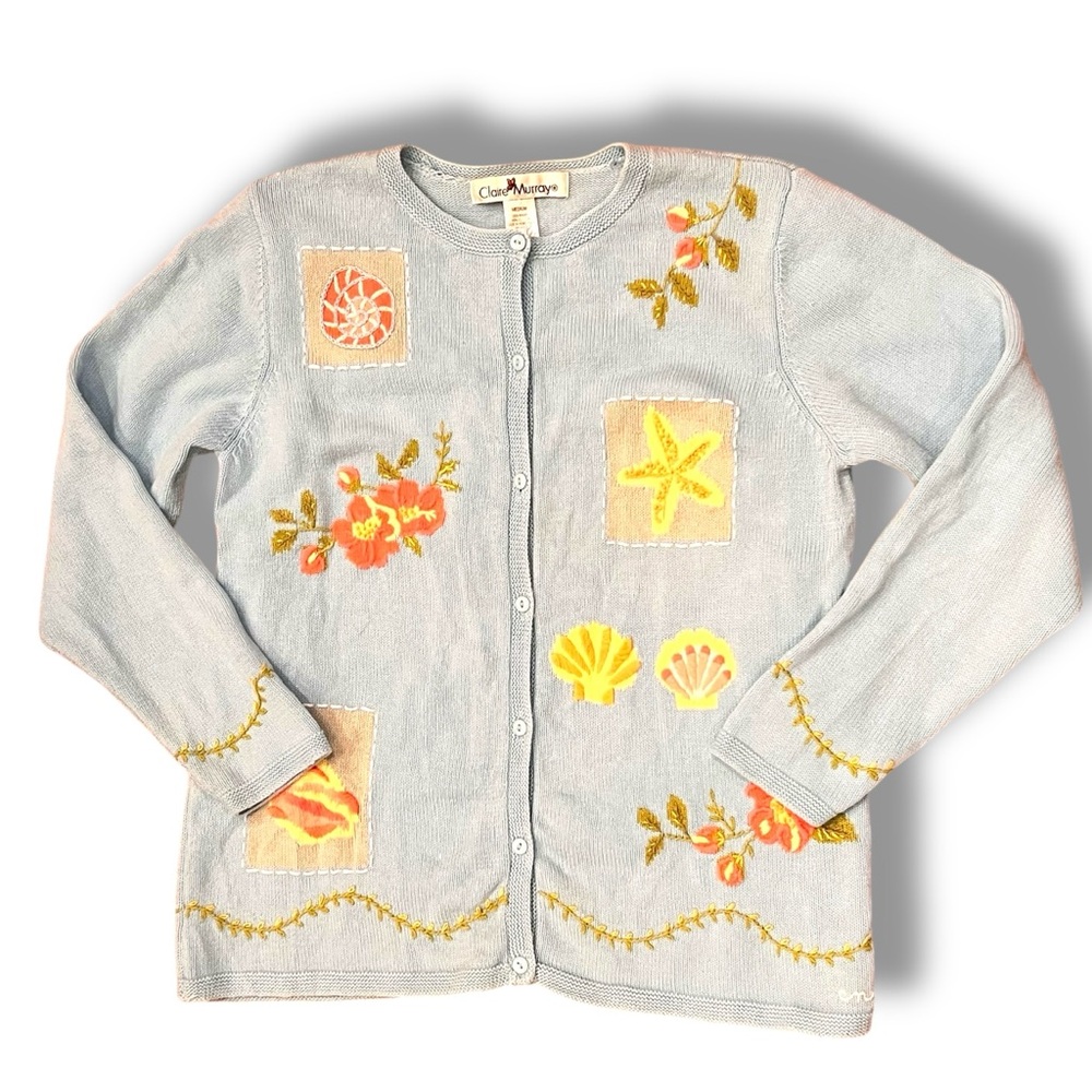 Claire Murray Cardigan Sweater Womens M Beach ocean Seashell Flowers Blue Button